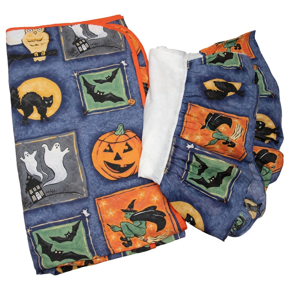 VTG Halloween Quilt & Bed Skirt Queen Bedding Set Festive Spooky Nostalgic Goth